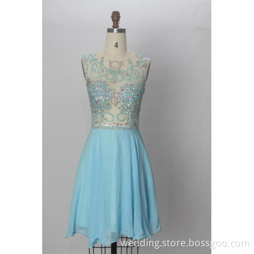 A-line Beading Short Chiffon Prom Dresses 2014 Fancy Chiffon Evening Dresses